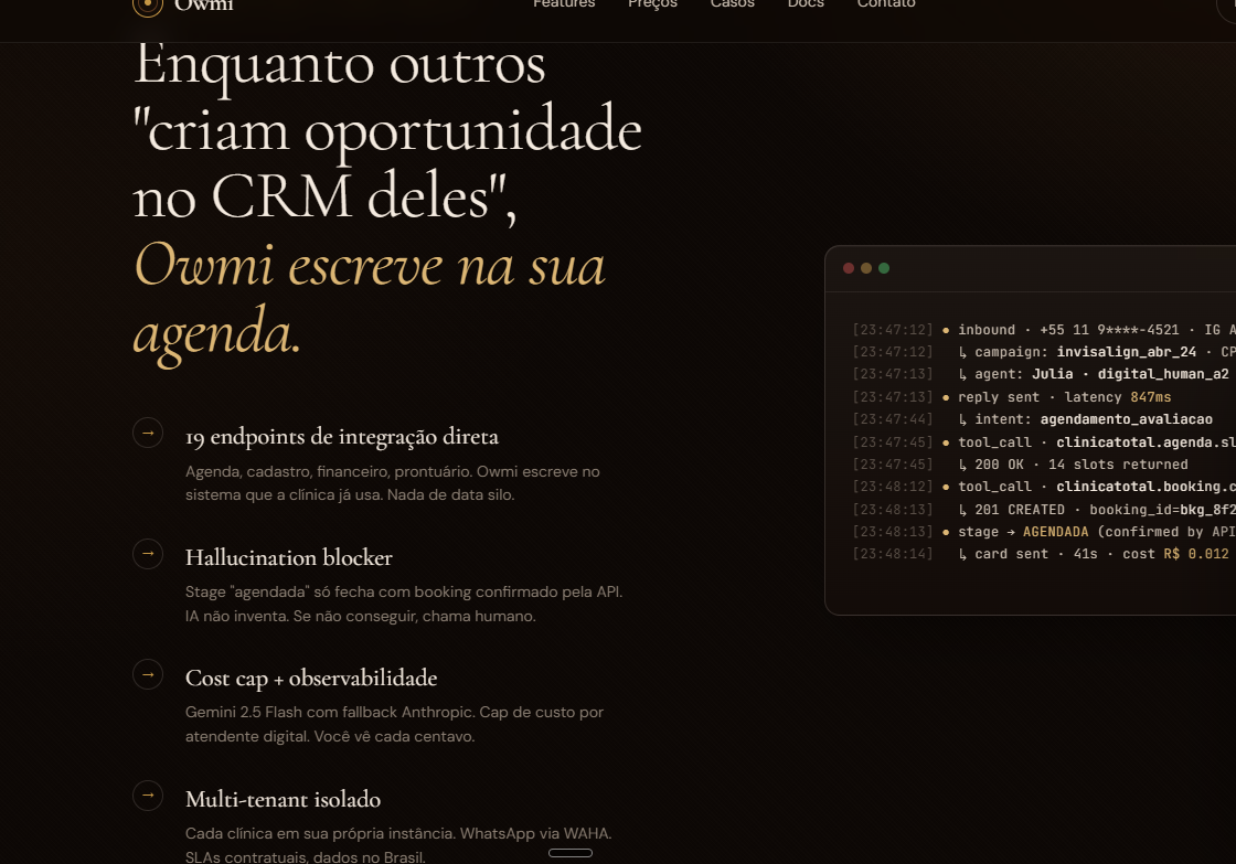 Tela conceitual da integração Owmi com CRM e agenda